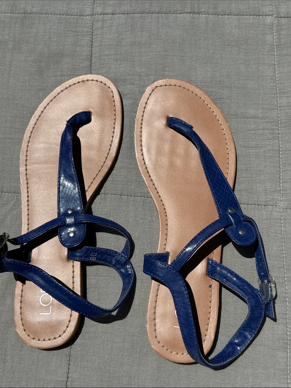 LOFT Bright Blue Strappy Sandals with Tan Footbed Snake Skin Texture